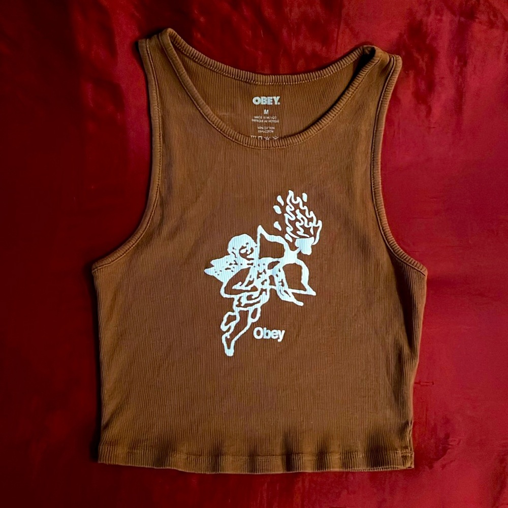 Obey Brown Sleeveless Graphic Crop Tank
